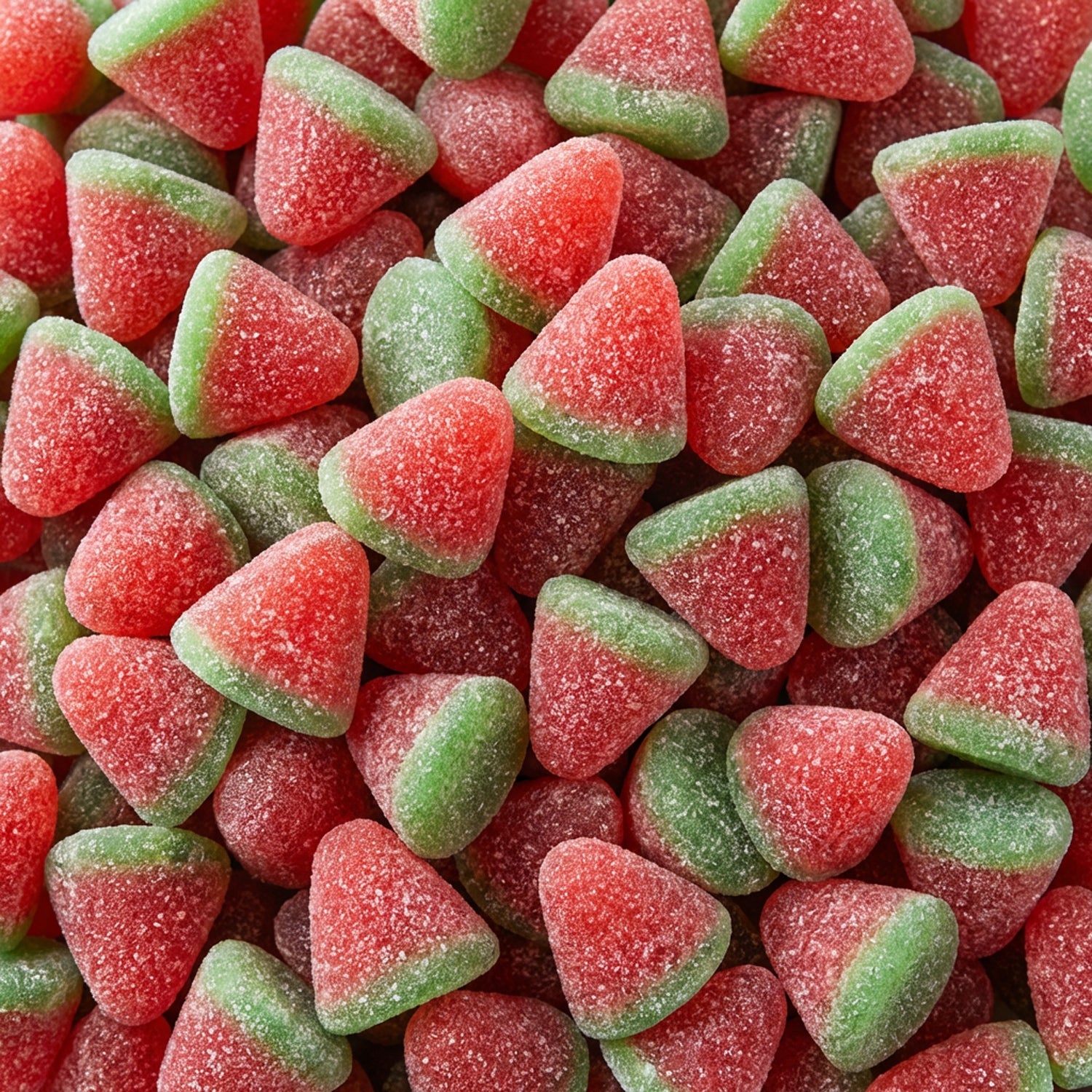 Close-up of red and green triangular gummy candies.