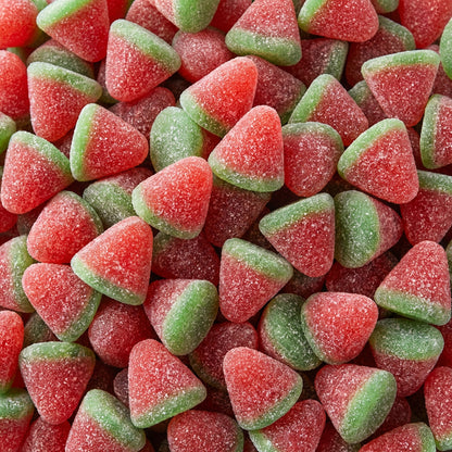 Close-up of red and green triangular gummy candies.