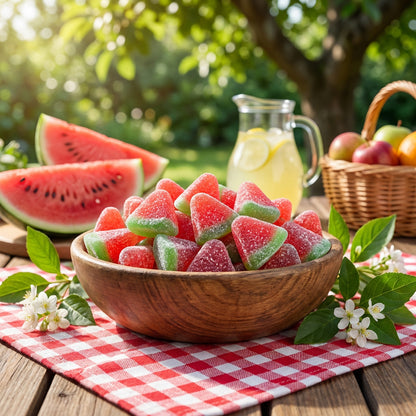 Wooden bowl of watermelon-flavored gummy candies on a checkered tablecloth with watermelon slices and lemonade in the background.