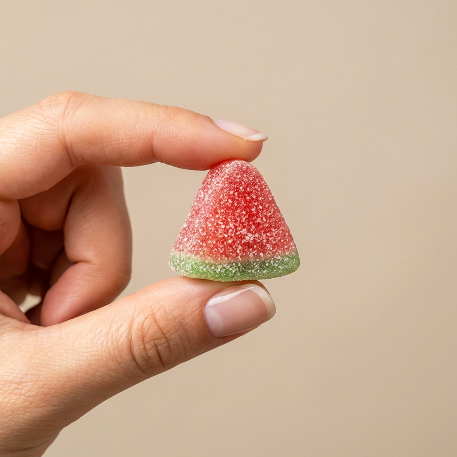 Hand holding a watermelon-flavored gummy candy against a beige background
