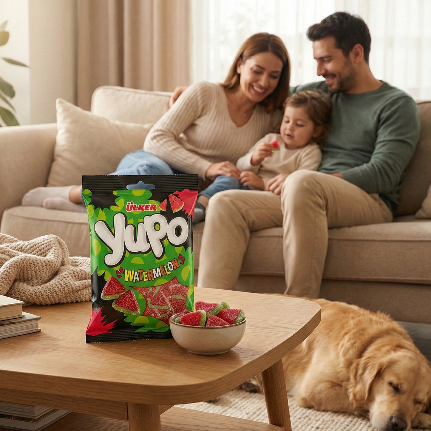 Family sitting on a couch with a YUPPO watermelon candy bag and bowl of candies on a coffee table.