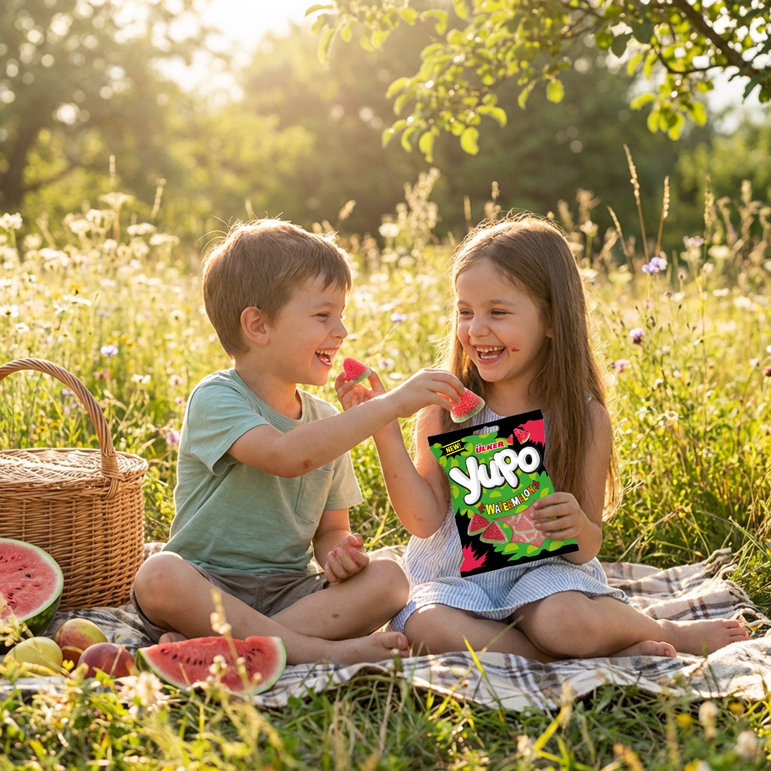 Two children enjoying a picnic in a field with a Yubo juice box.