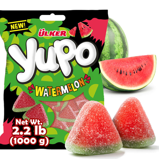 Ulker Yupo watermelon gummy candy package with watermelon slices on a white background