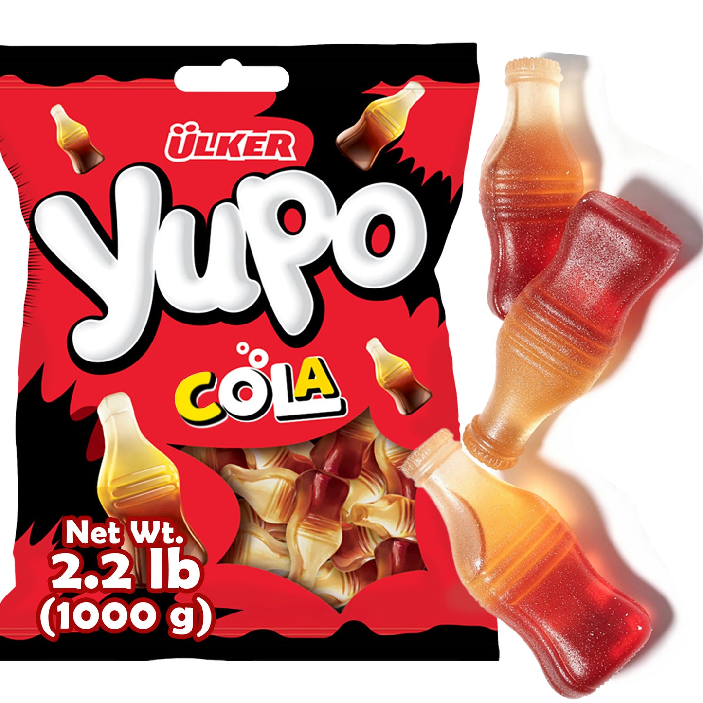 Ulker Yupo Cola candy package with cola bottle-shaped candies on a white background