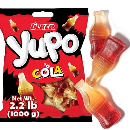 Ulker Yupo Cola candy package with cola bottle-shaped candies on a white background