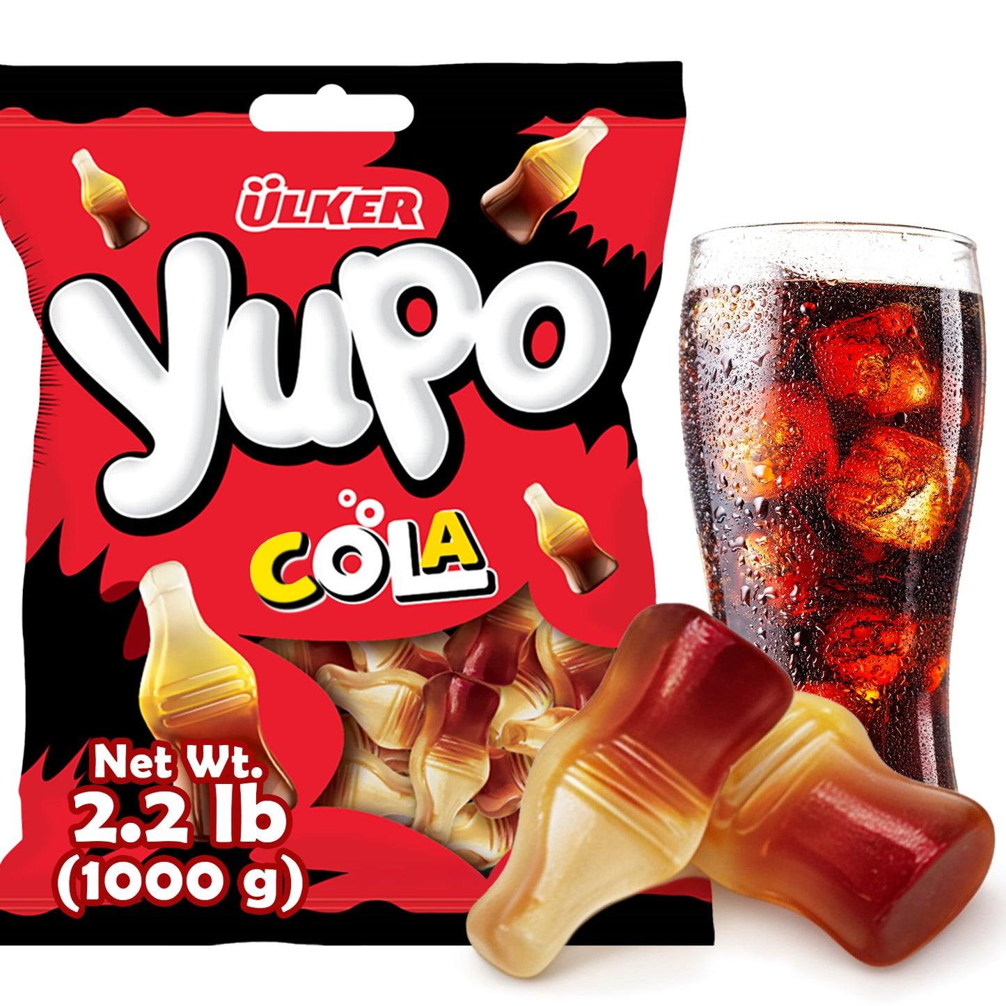 Ulker Yupo Cola candy package with a glass of cola on a white background