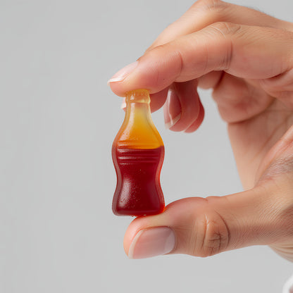 Hand holding a small bottle-shaped jelly candy against a gray background