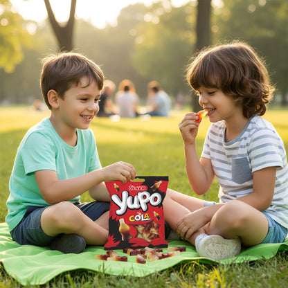 Two children sitting on a blanket in a park, eating Yupo Cola snacks.