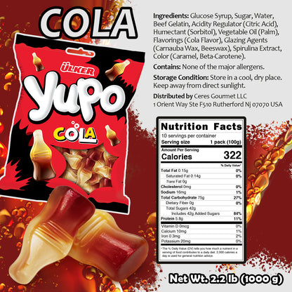Yuko Cola candy package with ingredients, nutrition facts, and distribution information on a red background.