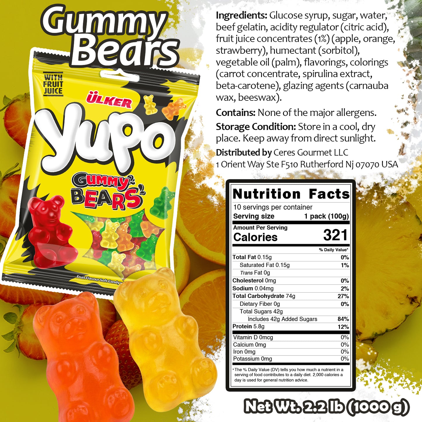 Packaging of Ulker YuPo Gummy Bears with nutritional information on a colorful background