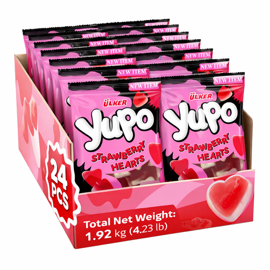 Box of Ulker Yupo Strawberry Hearts candy with pink and black packaging.