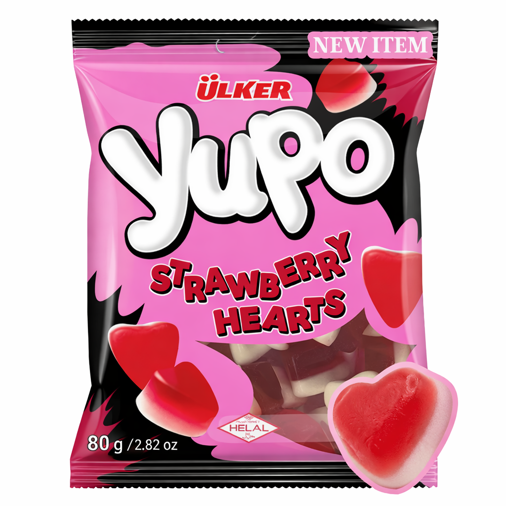 Pink package of Ulker Yupo Strawberry Hearts candy on a white background