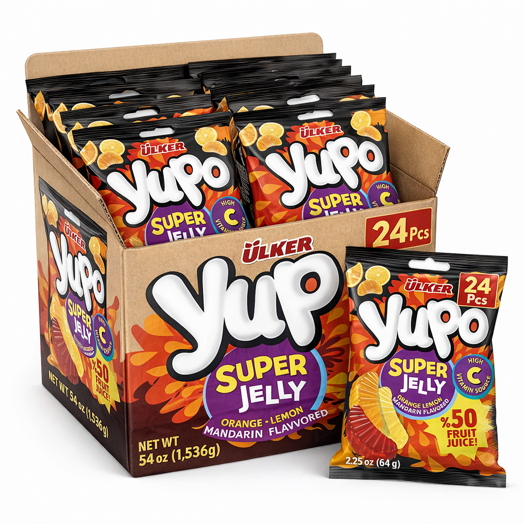 Box of Ulker Yup Super Jelly candy packages on a white background
