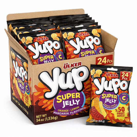 Box of Ulker Yup Super Jelly candy packages on a white background