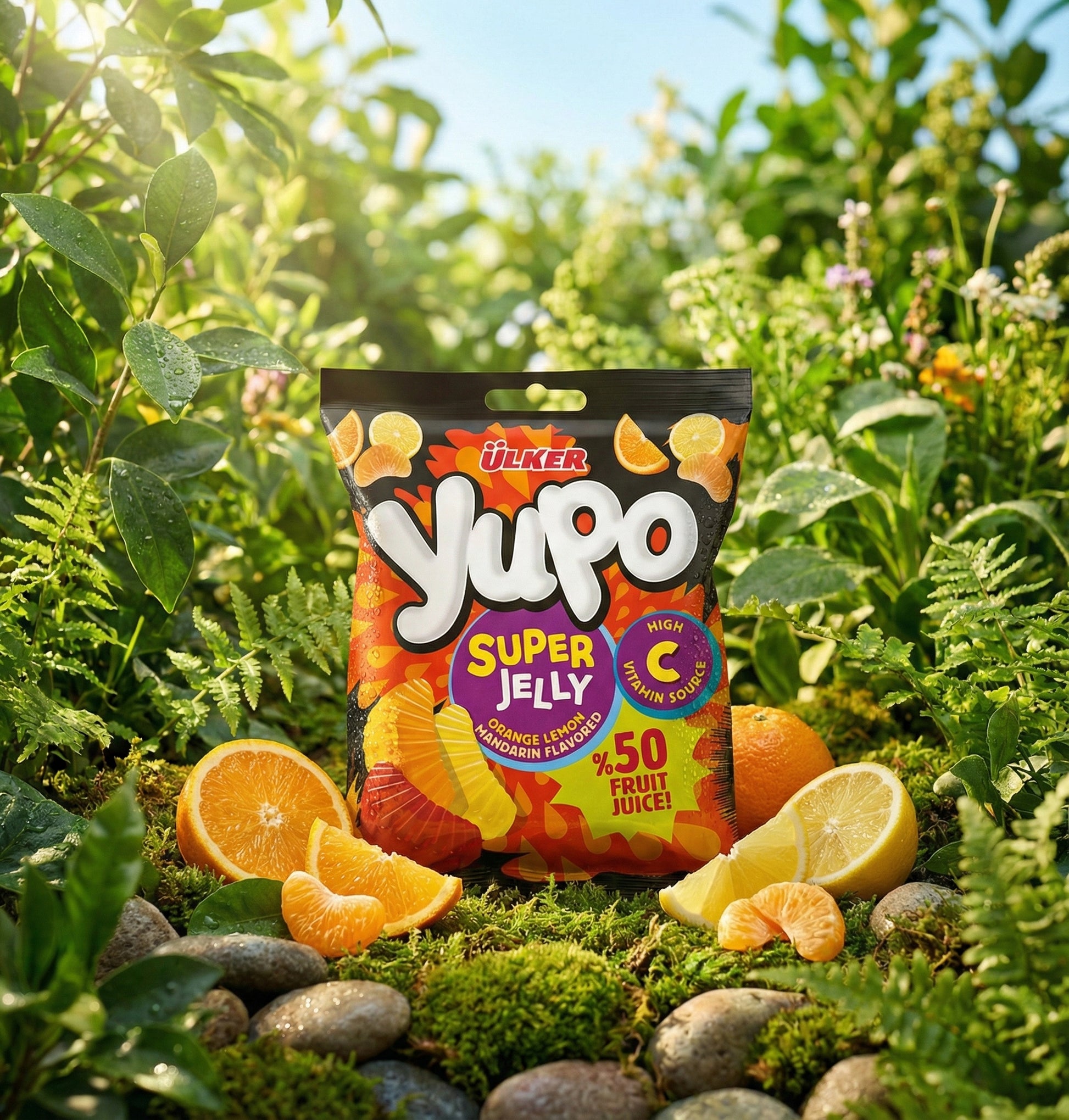 Yuko Super Jelly package surrounded by fruits and greenery