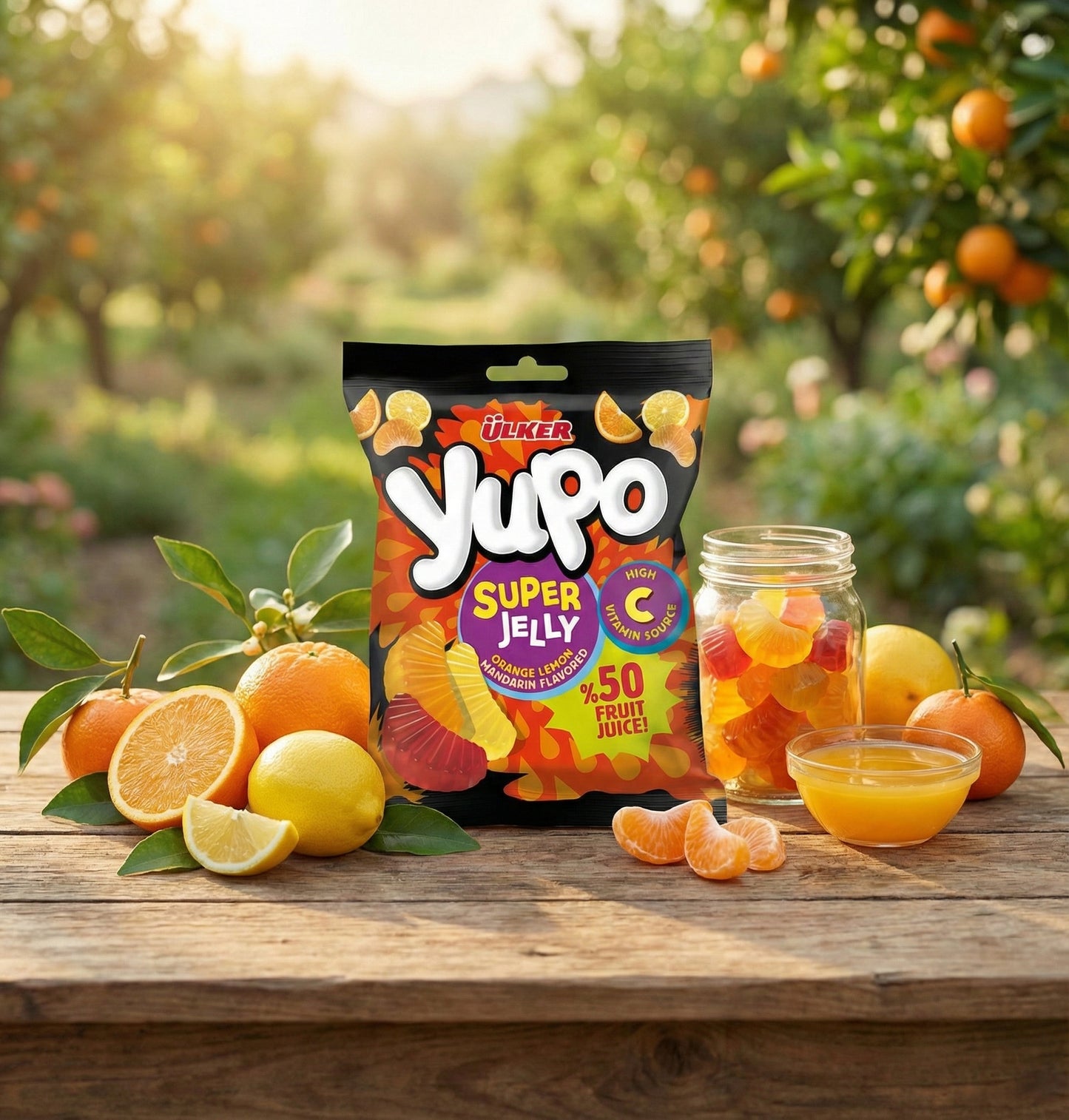 Yupo Super Jelly package with fruit on a wooden table in an orchard setting