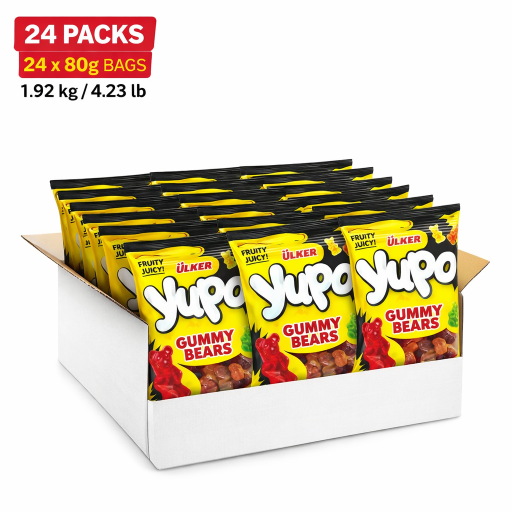Box of Yupo gummy bear packages with packaging details on a white background