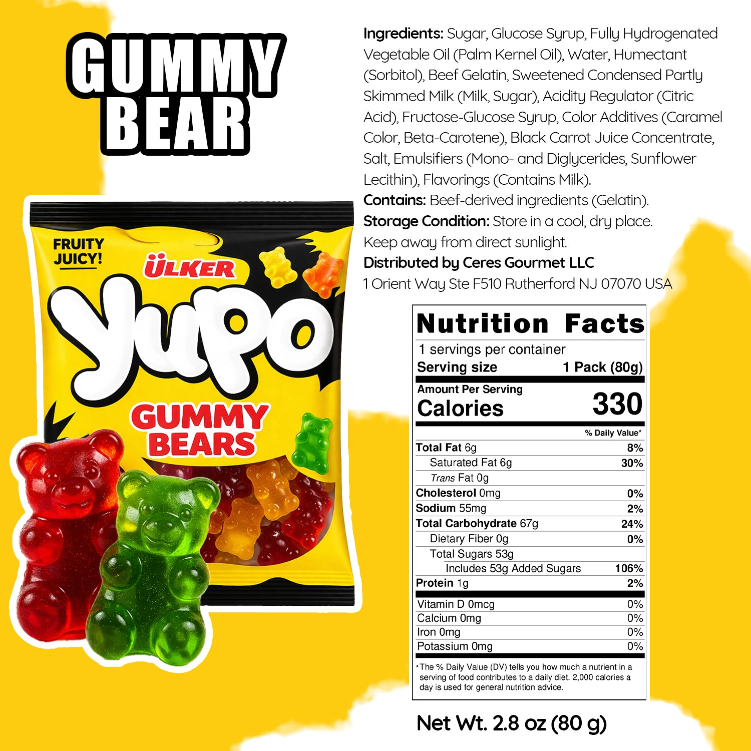 Yülker Yöpo Gummy Bears packaging with nutrition facts on a yellow background
