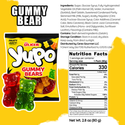 Yülker Yöpo Gummy Bears packaging with nutrition facts on a yellow background
