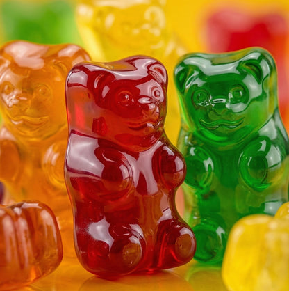Colorful gummy bear candies in red, green, and orange on a yellow background.