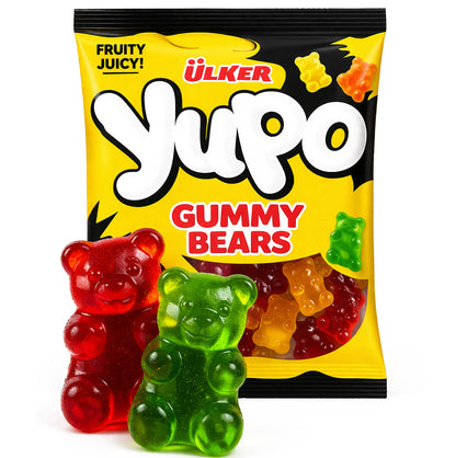 Yellow package of Ulker YuPo Gummy Bears with red and green gummy bears in front.