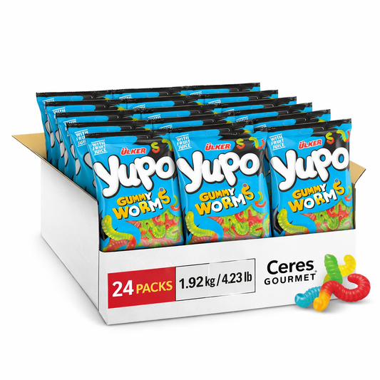 Ceres Gourmet Display box of Yupo Gummy Worms with multiple packs on a white background