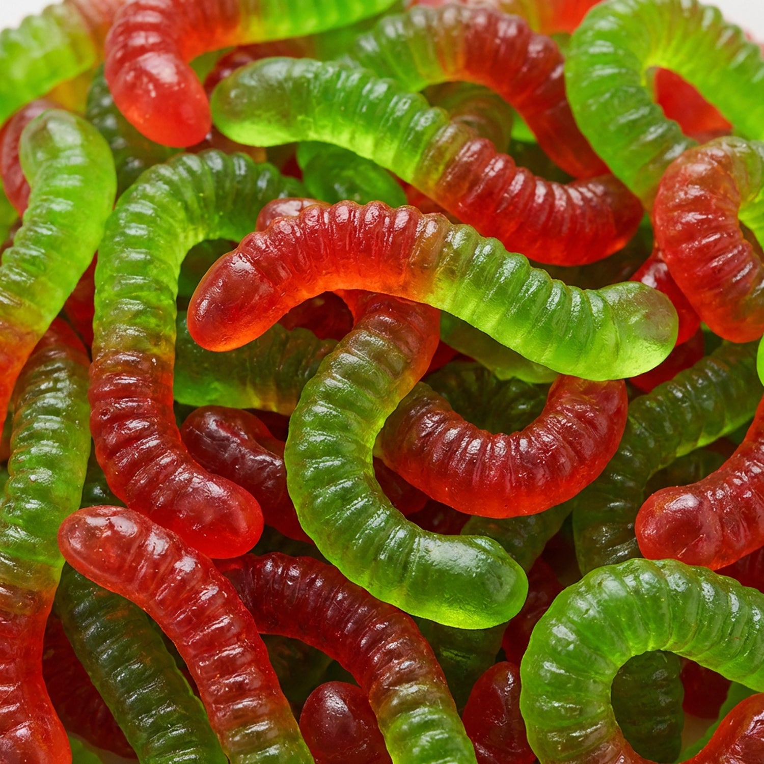Close-up of colorful gummy worms.