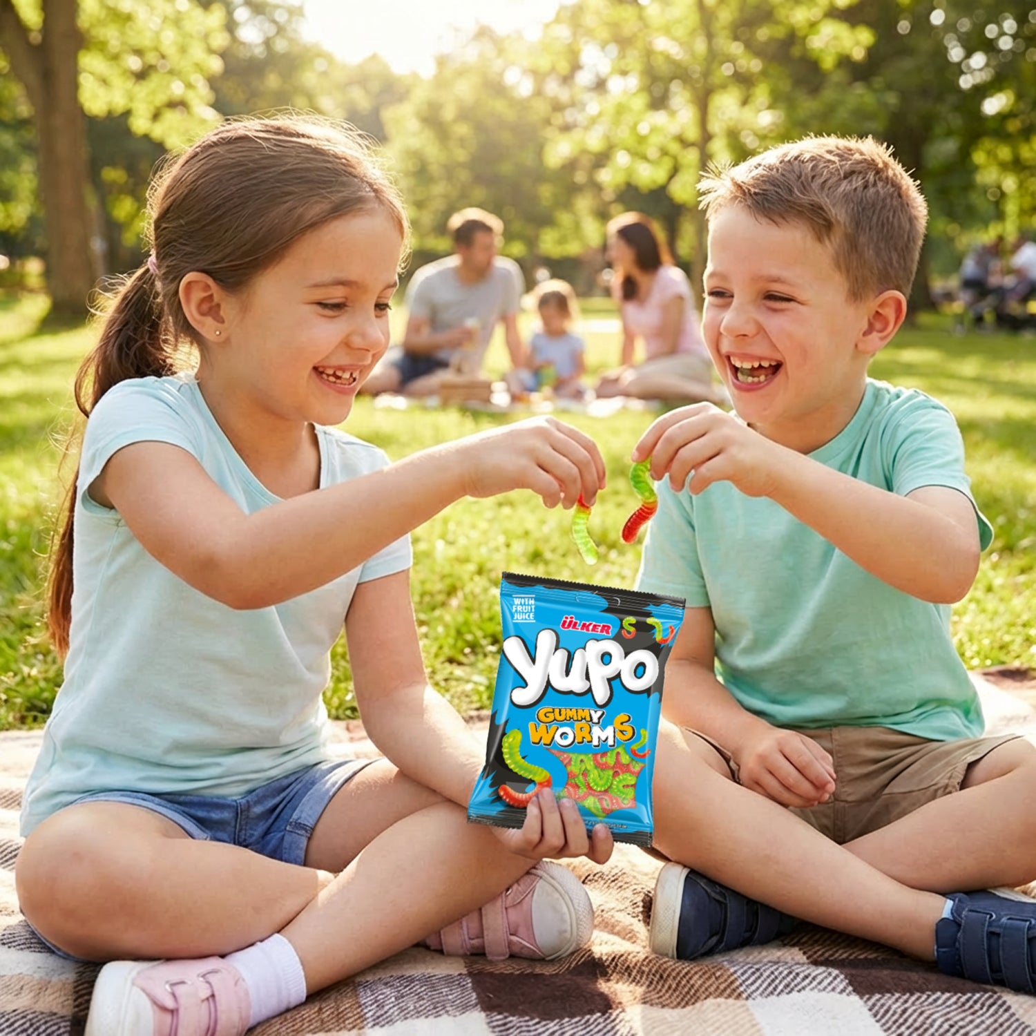 Two children sitting on a blanket in a park, eating snacks from a Yupo packet.