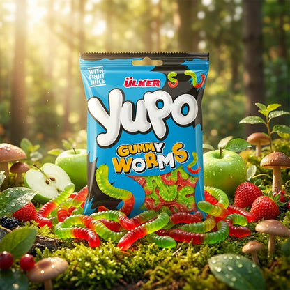 Ülker Yupo gummy worms package with colorful gummy worms on a forest floor background