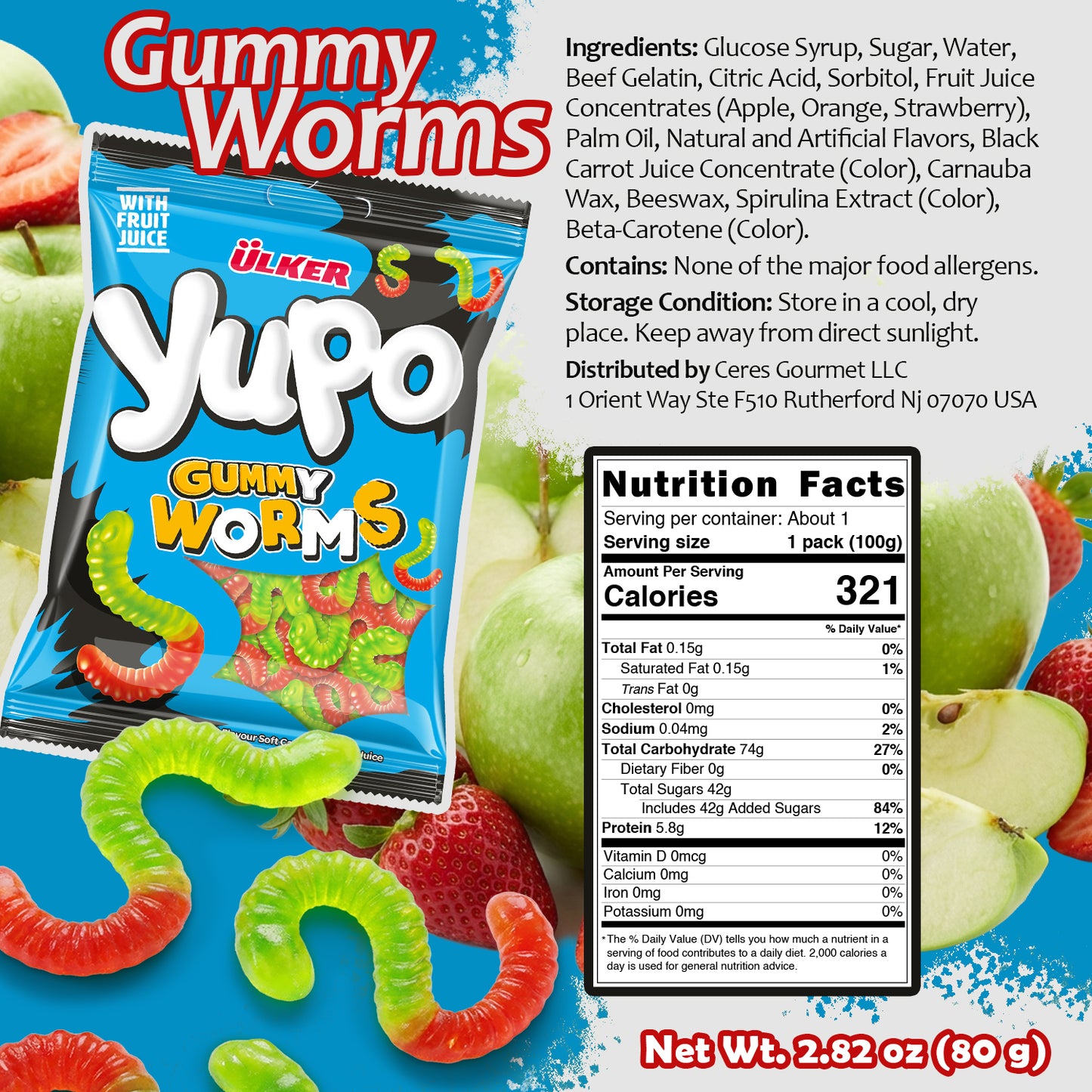 Yupo Gummy Worms packaging with ingredients and nutrition facts on a blue background