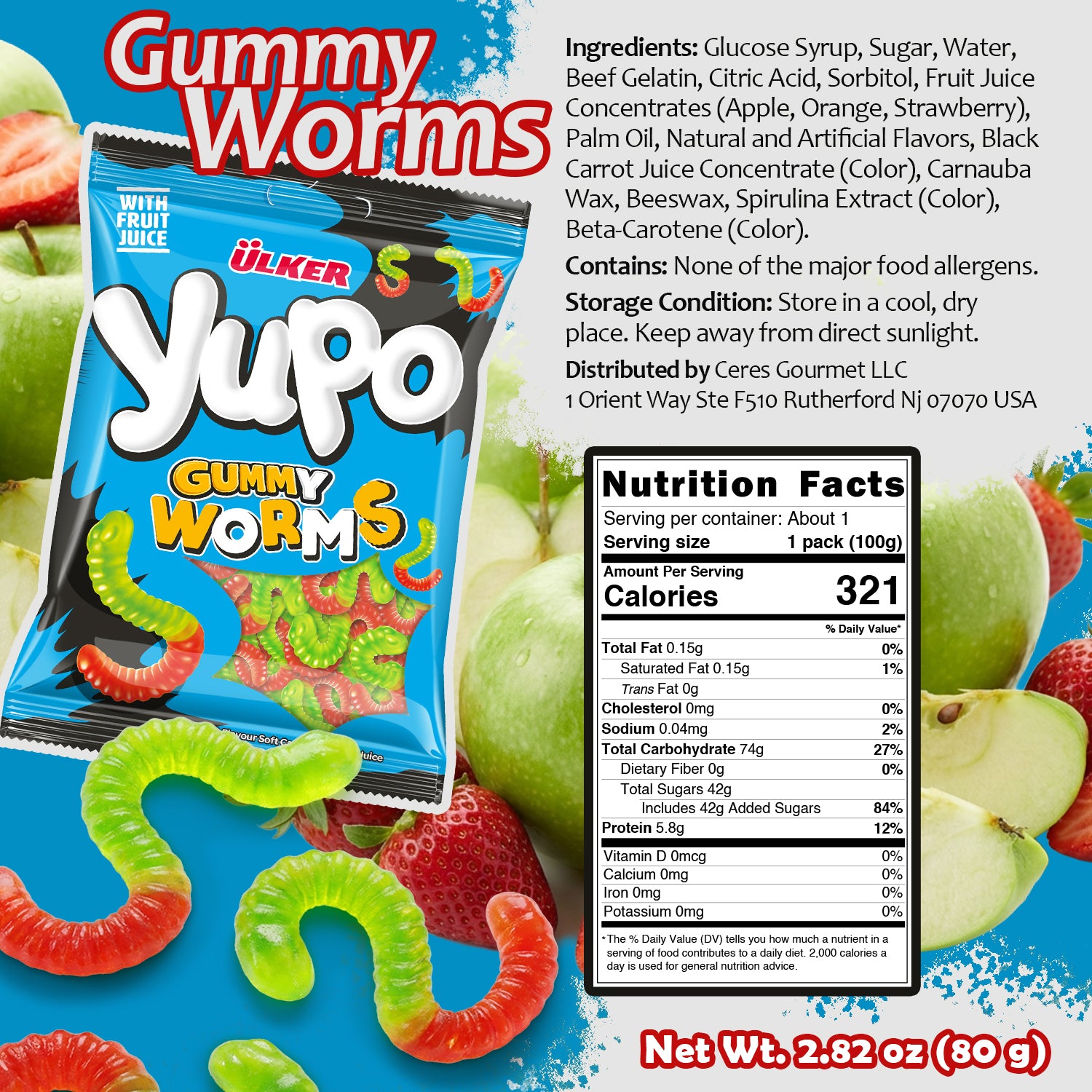 Yupo Gummy Worms packaging with ingredients and nutrition facts on a blue background
