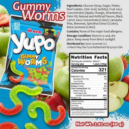 Yupo Gummy Worms packaging with ingredients and nutrition facts on a blue background