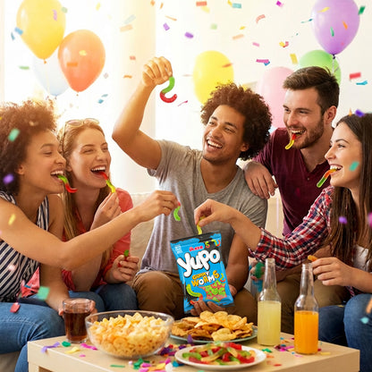 Group of friends enjoying a party with snacks and drinks, including a bag of YUPPies.