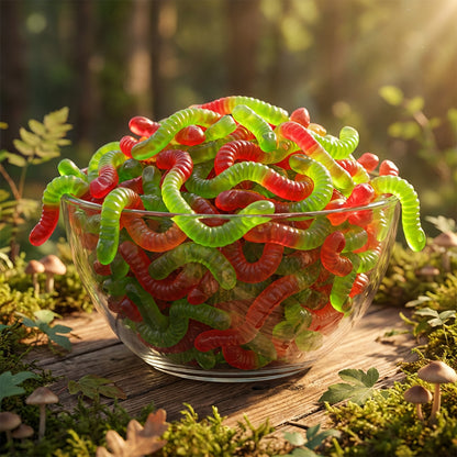 Clear glass bowl filled with red and green gummy worms on a wooden surface with a forest background.