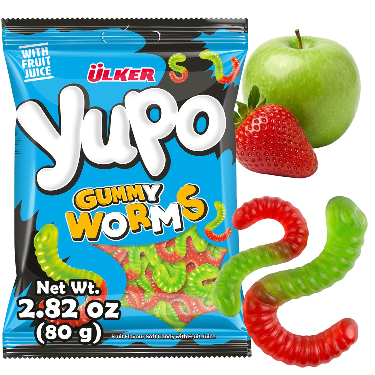 Ülker Yupo gummy worms packaging with a green apple and red strawberry on a white background.