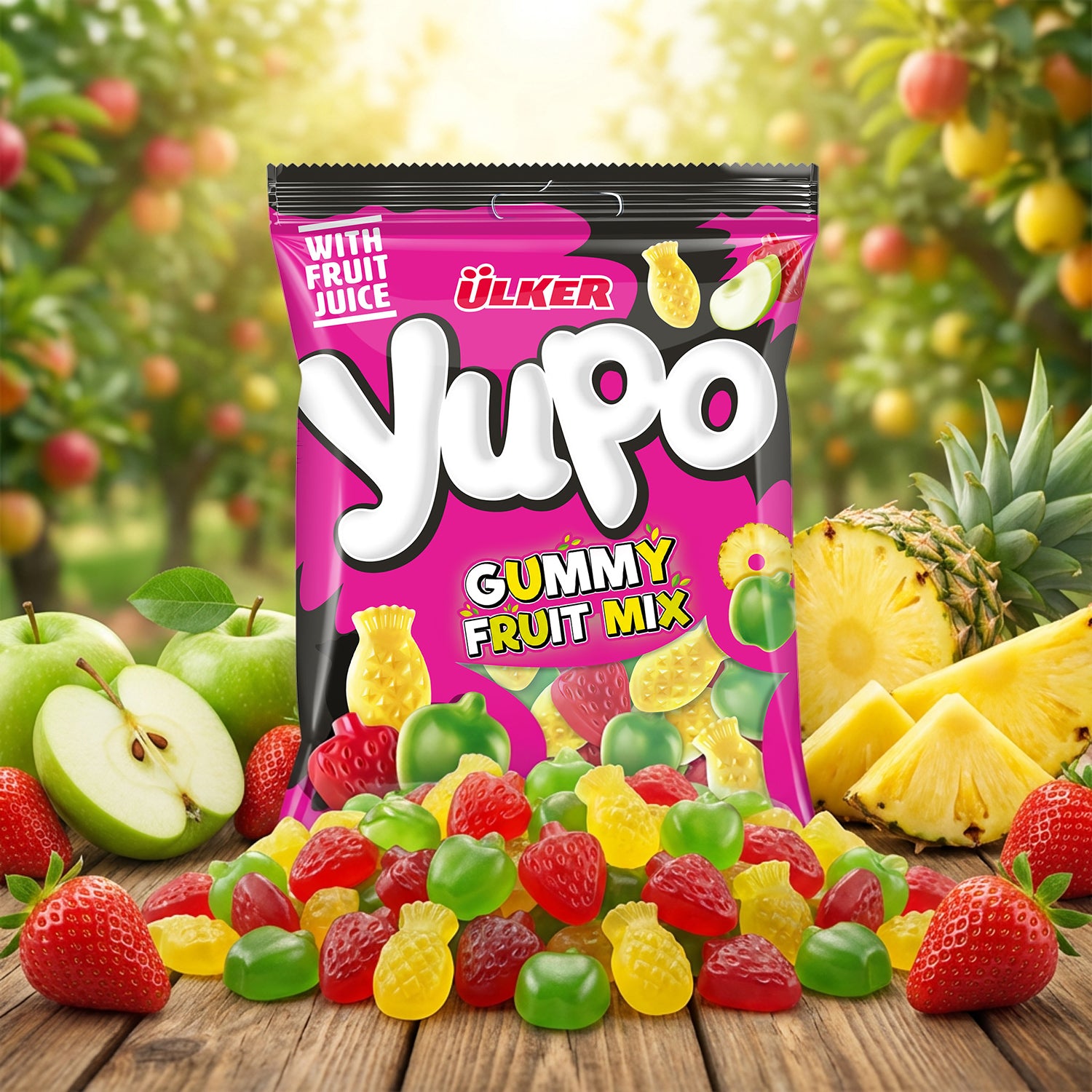 Yülker Yupo gummy fruit mix packaging with fruits in the background