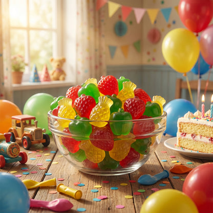 Colorful gummy candies in a bowl with birthday decorations in the background