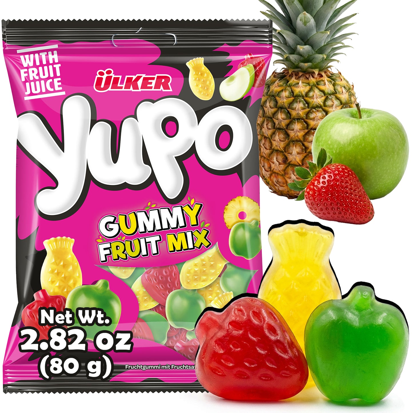 Pink package of Ulker YuPo gummy fruit mix with fruits on a white background