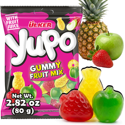 Pink package of Ulker YuPo gummy fruit mix with fruits on a white background