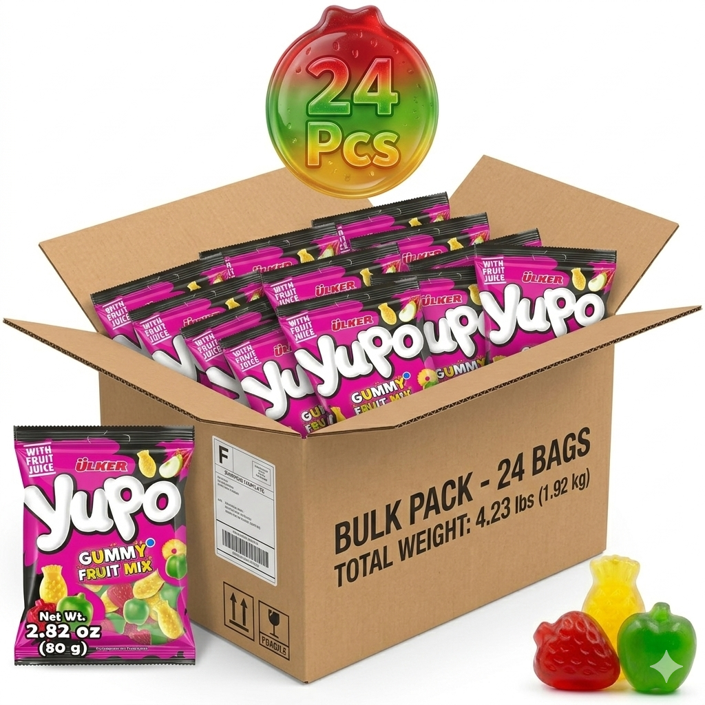 Box of Yupó gummy fruit mix with individual packages displayed.