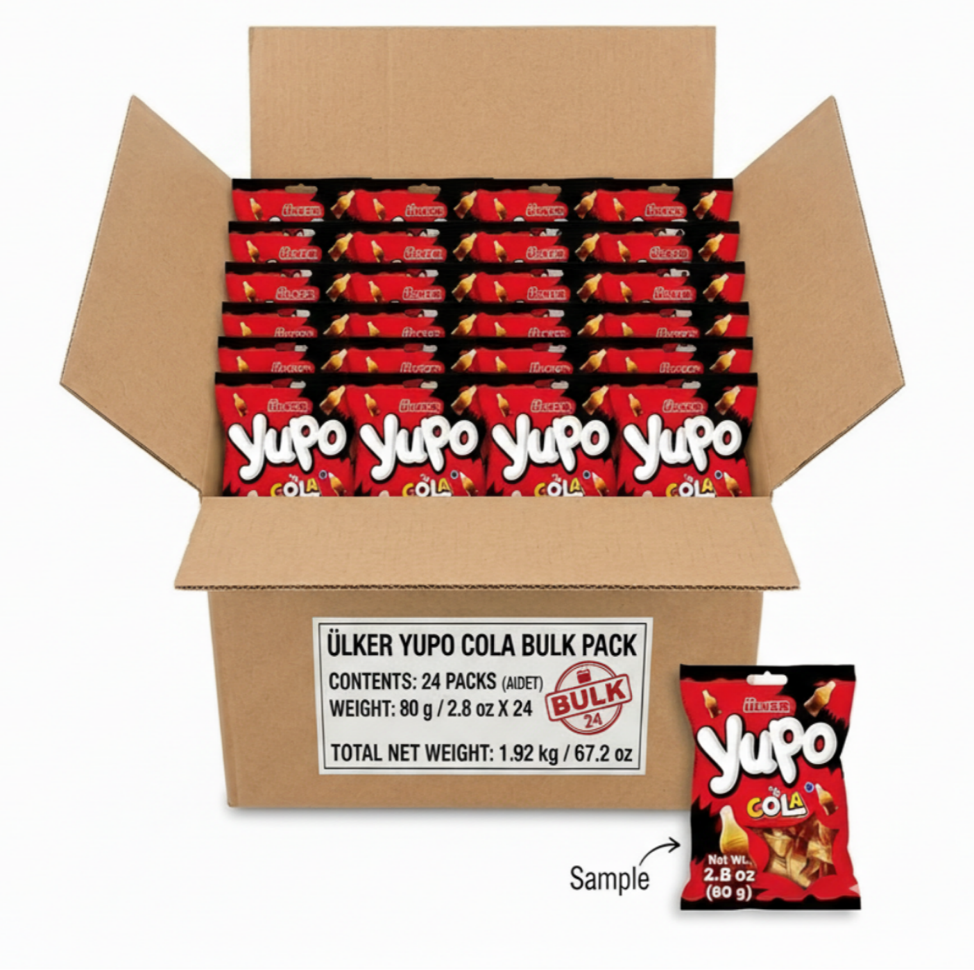 Open cardboard box containing multiple packs of Yupo Cola with a sample pack displayed below.