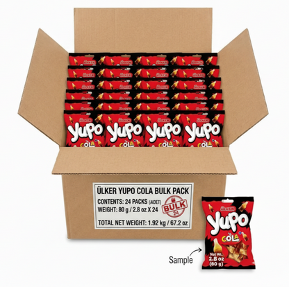 Open cardboard box containing multiple packs of Yupo Cola with a sample pack displayed below.