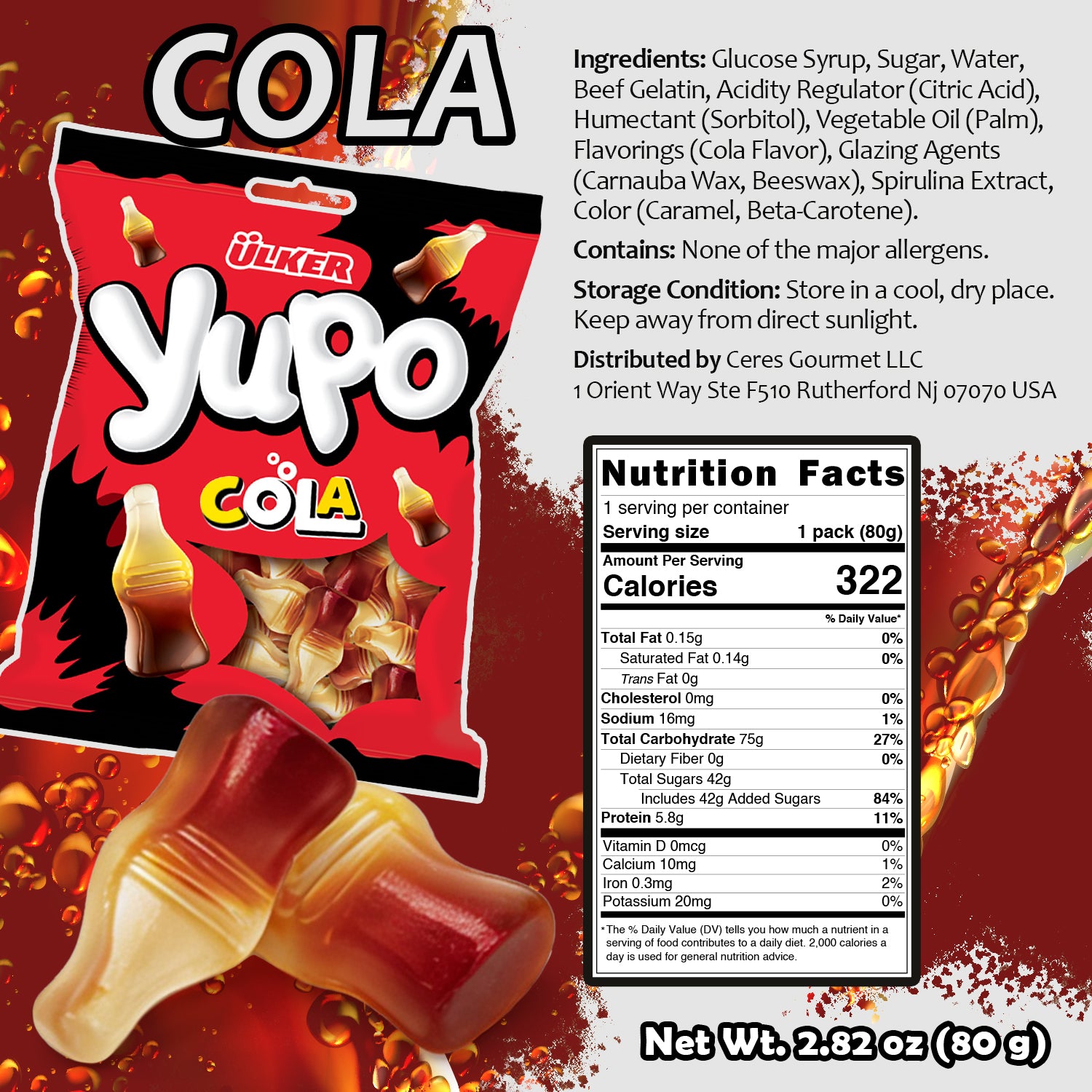Yuko Cola candy package with ingredients, nutrition facts, and distribution information on a red background.
