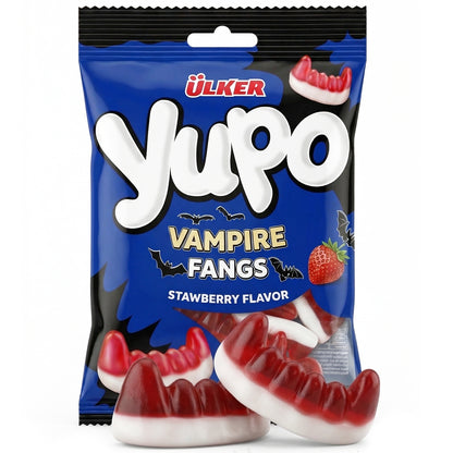 Packaged candy with vampire fang design and blue Ulker branding