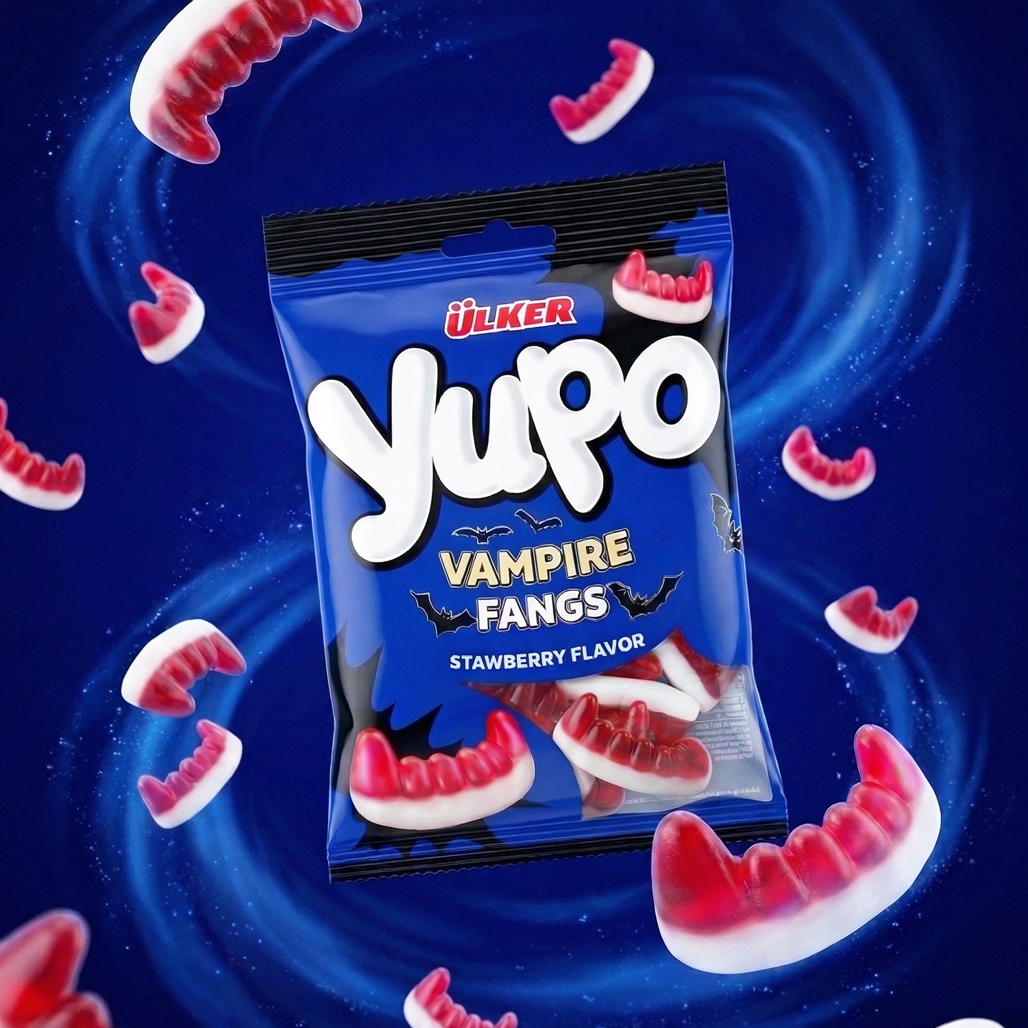 Yupo Vampire Fangs candy package with gummy teeth on a blue swirling background