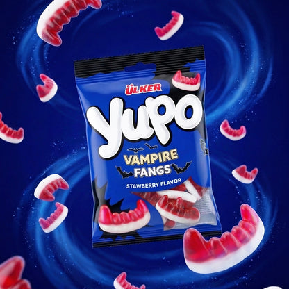 Yupo Vampire Fangs candy package with gummy teeth on a blue swirling background