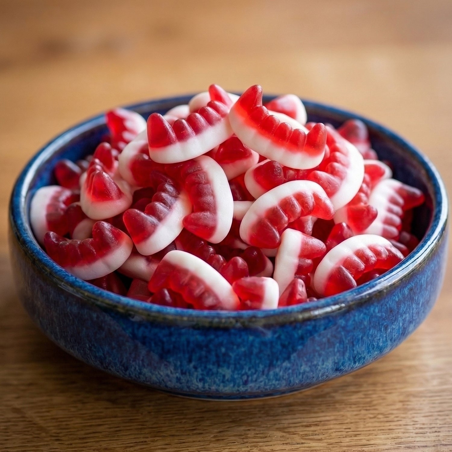 Blue bowl filled with red and white gummy candy on a wooden surface
