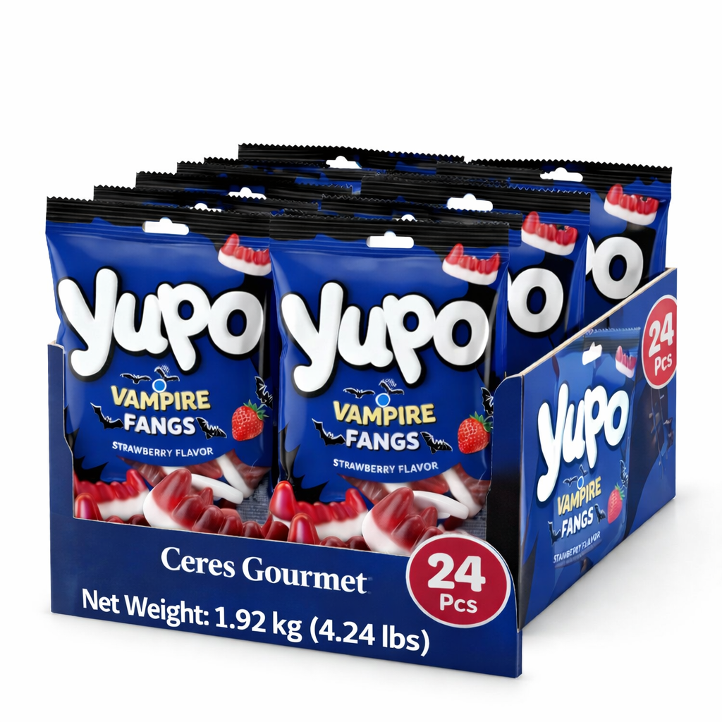 Ceres Gourmet Multiple packages of Yupo Vampire Fangs strawberry flavor treats on a white background
