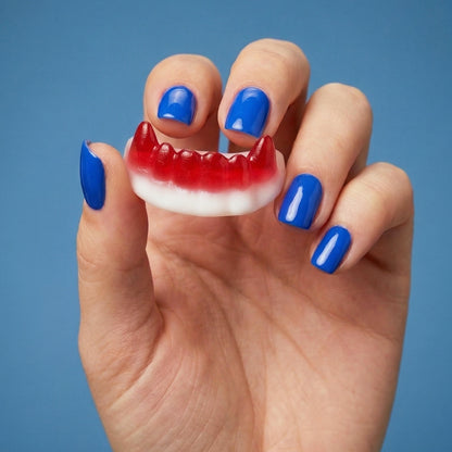 Hand with blue nail polish holding a red and white dentures against a blue background