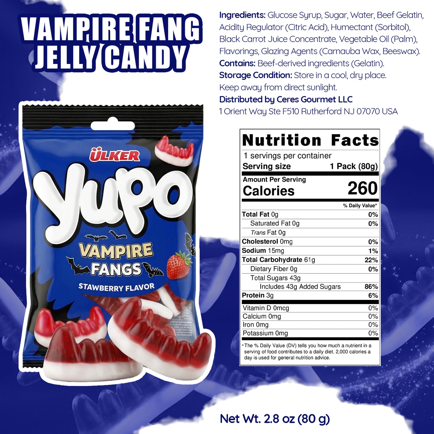 Yupo Vampire Fangs jelly candy package with nutrition facts on a blue background